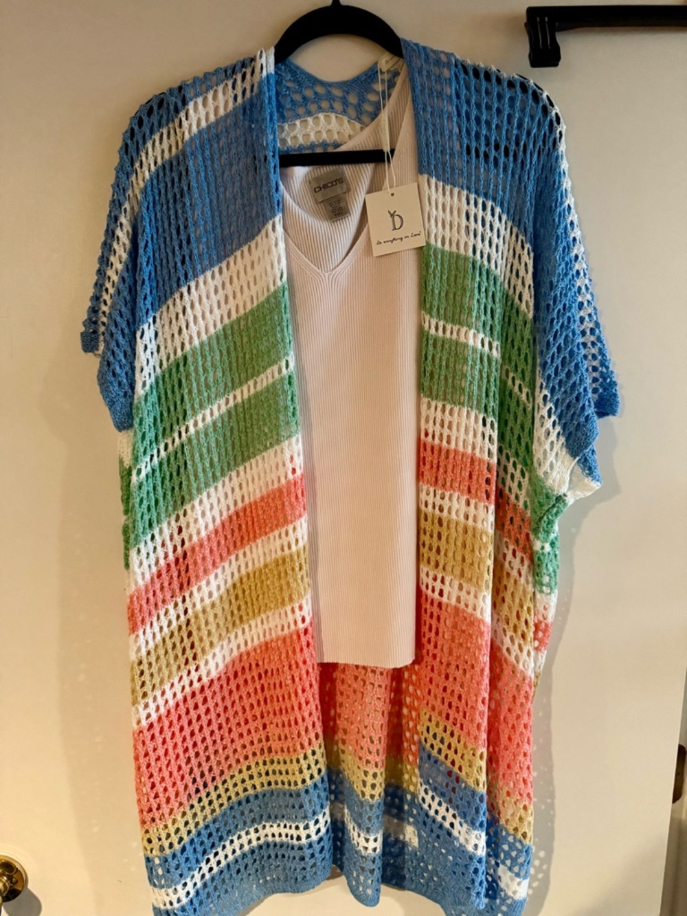 Open Knit Rainbow Stripe Cardigan (only) - Blue, Green, Coral, Yellow, White